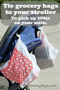 going green pick up litter stroller walking walks going on a walk with children recycle plastic bags