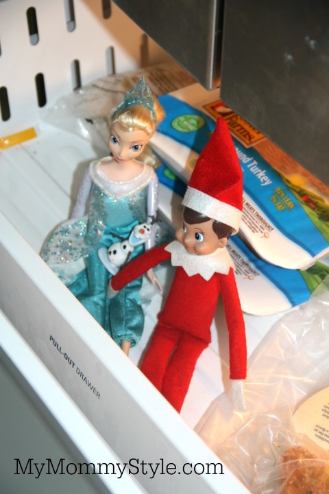 Elf on the shelf in the freezer with elsa and olaf