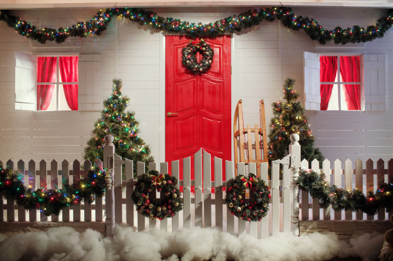Christmas front door of a country house background.