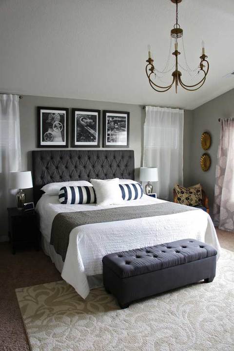 master bedroom grey with black and white accents