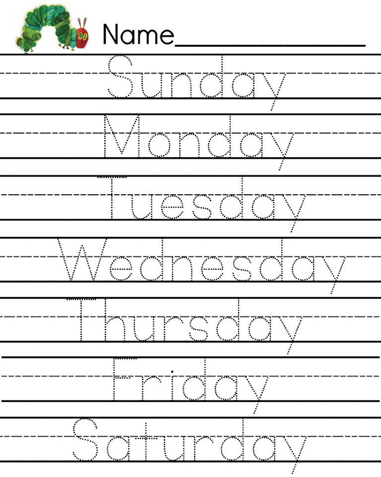 Free Caterpillar writing page days of the week printable