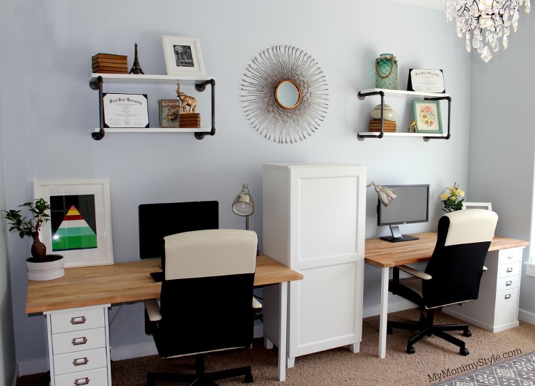 family office, beachy office, his and her office, IKEA, My Mommy Style, MyMommyStyle.com, Camille Walker, family office, design