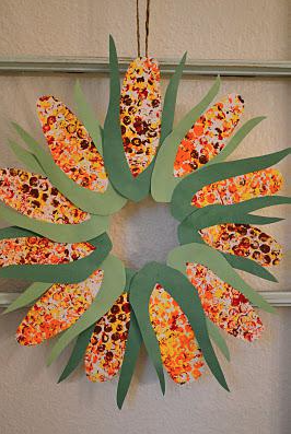 Bubble Wrap Art of an Indian corn wreath on a front door. 