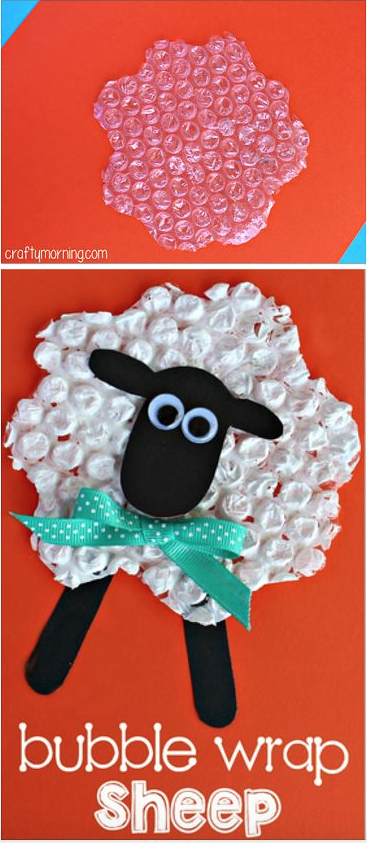 Bubble wrap art of white sheep. 
