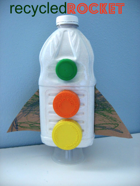 Recycled art projects of rocket using empty juice bottle. 