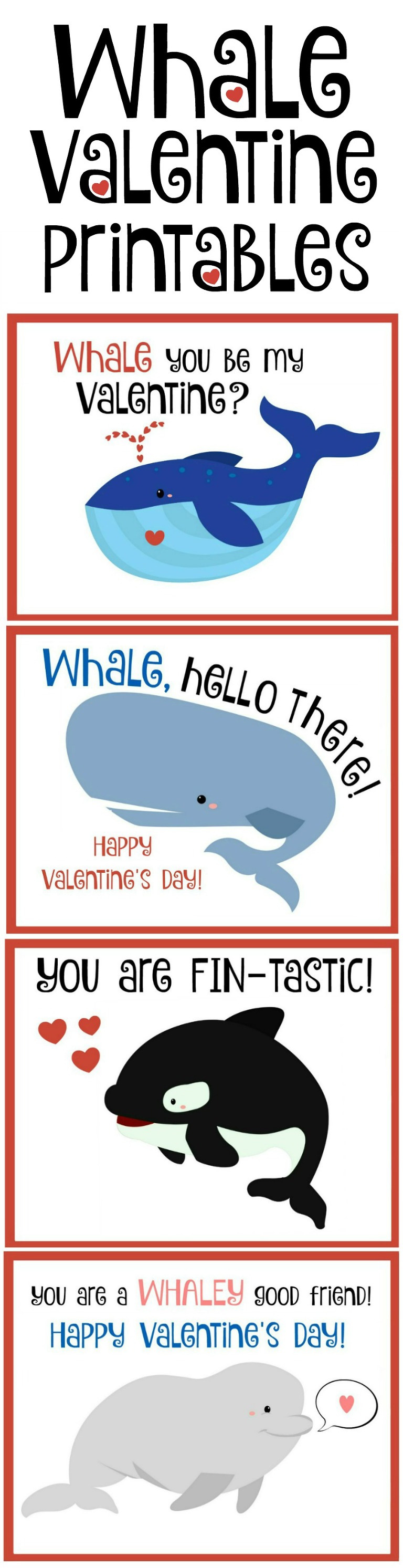 Whale valentines with free printables. Four designs to choose from.
