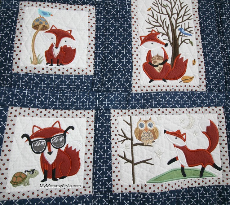 Fox nursery quilt closeup on the lower left