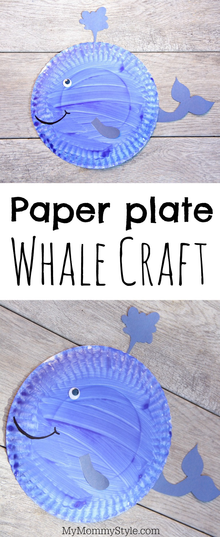 Paper plate craft for preschoolers, this whale is made from a painted paper plate. Paper plate whale craft is fun for a rainy day activity or an under the sea preschool activity.