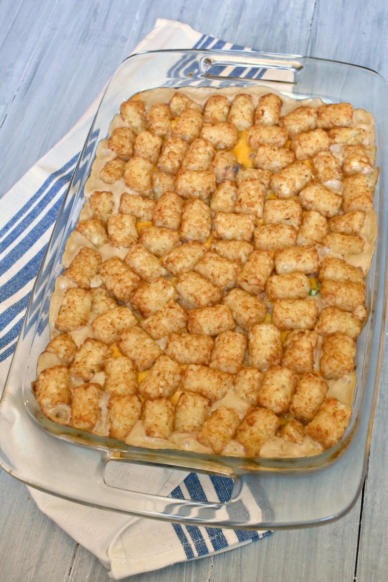 Easy Tater Tot Casserole with Cheese in casserole dish