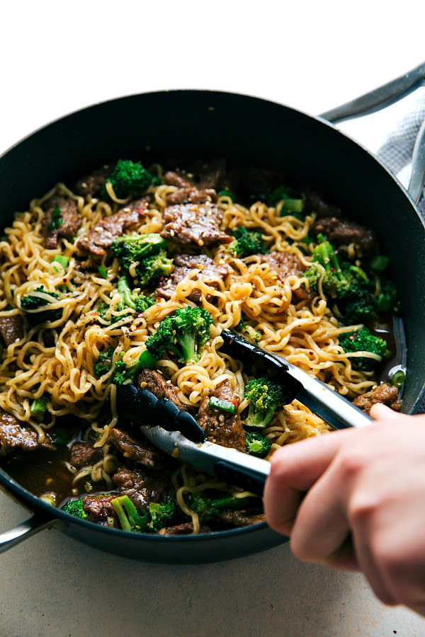 beef and broccoli over ramen noodles