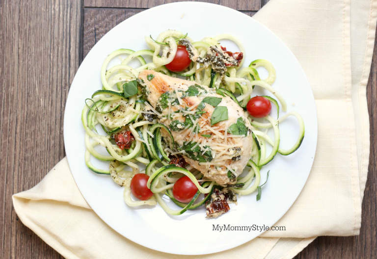 Creamy tuscan garlic chicken with zoodles served on a plate. lean and green recipe