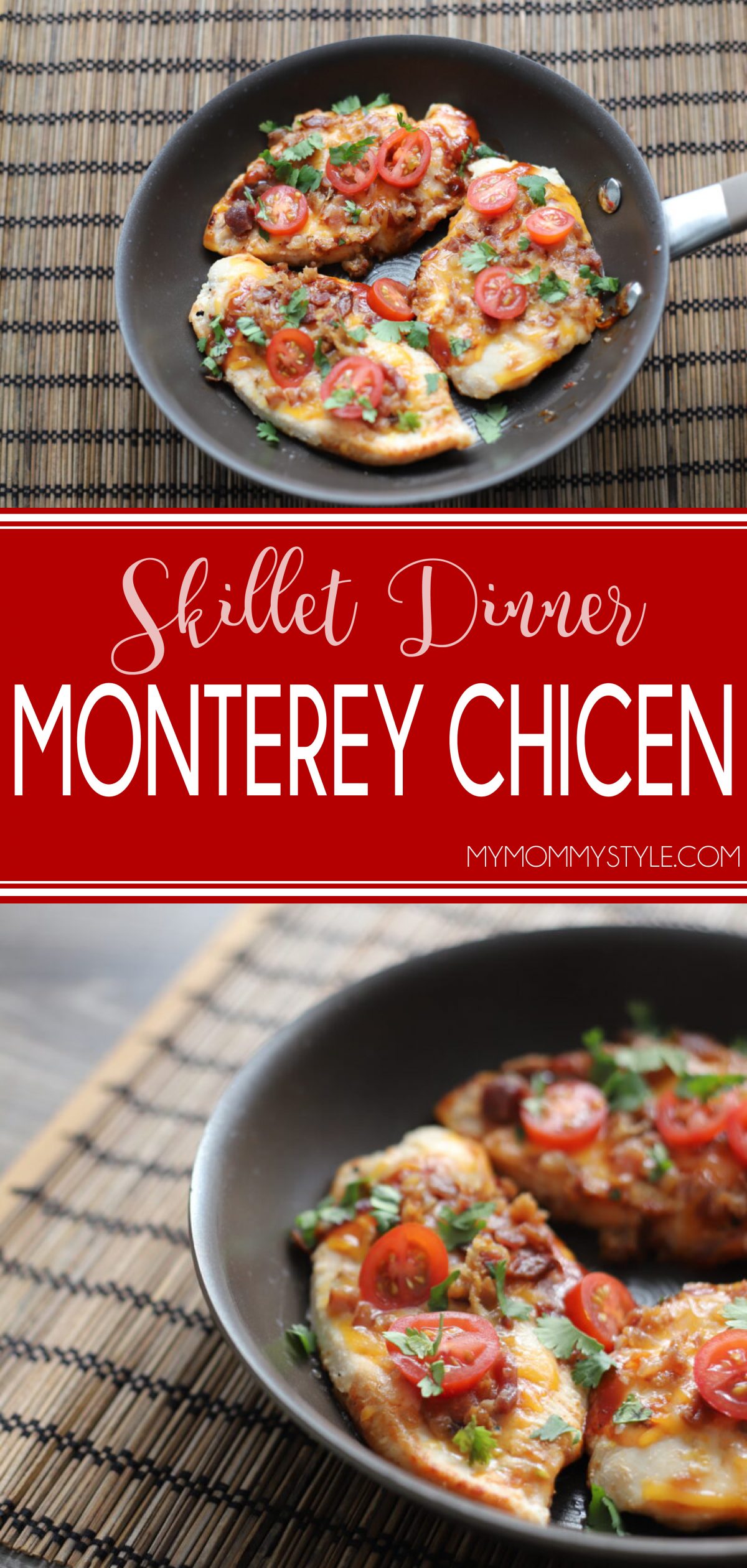 This Monterey Chicken Skillet dinner is simple, healthy, and so easy to do on a weeknight! Cooking it on the stovetop makes your kitchen a lot less hot! via @mymommystyle