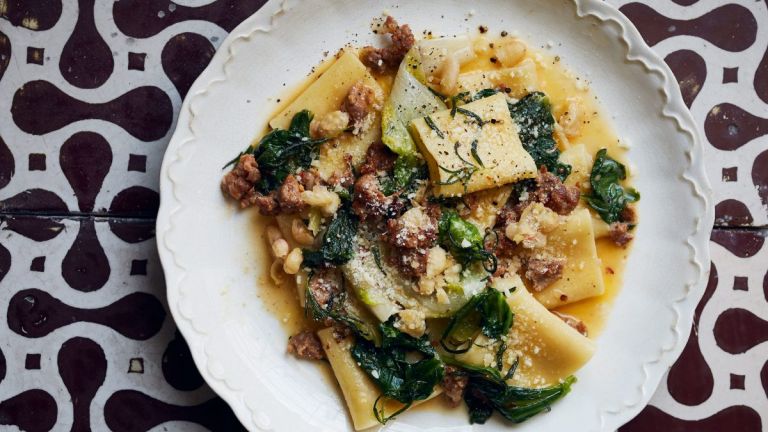 Pasta with Sausage, greens and beans