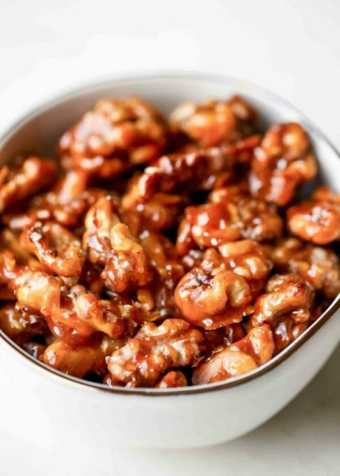 Heart Healthy Recipes bowl of candied walnuts. 