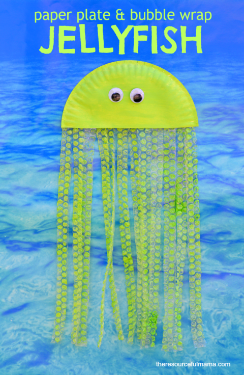 Bubble wrap Art of Green Jellyfish in blue water. 