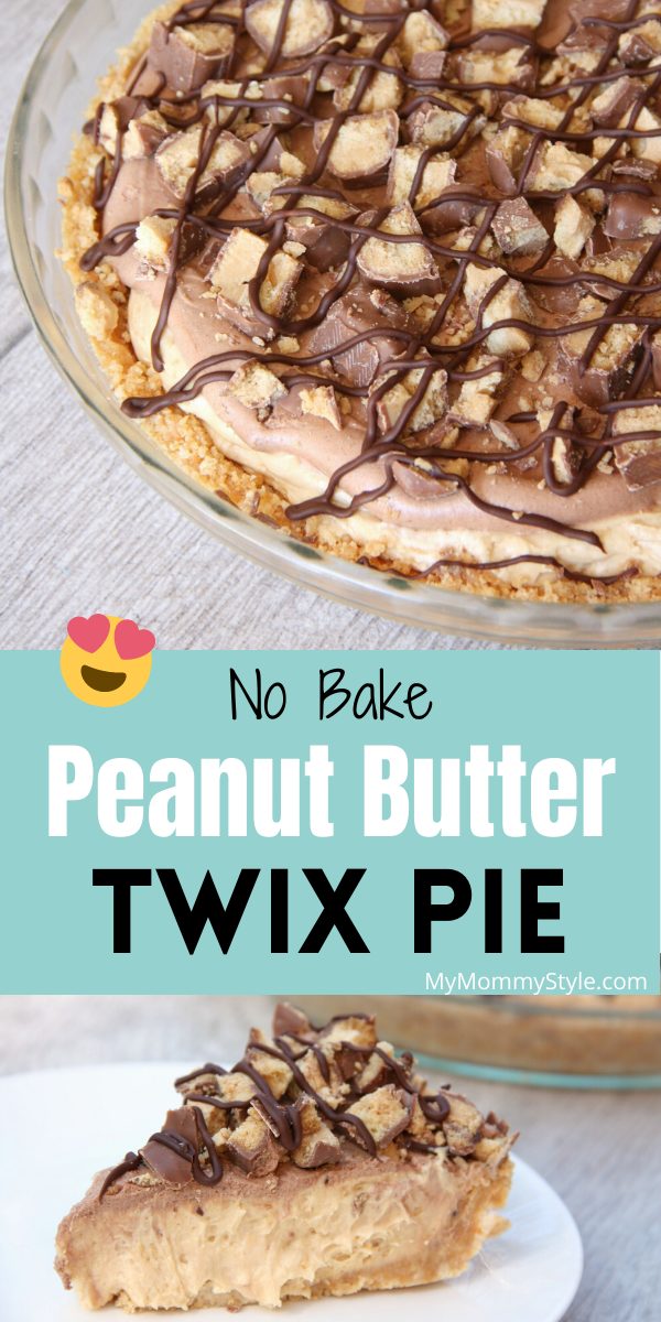 This Peanut Butter Twix Pie is a creamy slice of chocolate peanut butter heaven! Full of yummy flavors and it's an easy no bake recipe. #twixpie #nobakepeanutbuttertwixpie #peanutbuttertwix #peanutbuttertwixpie via @mymommystyle