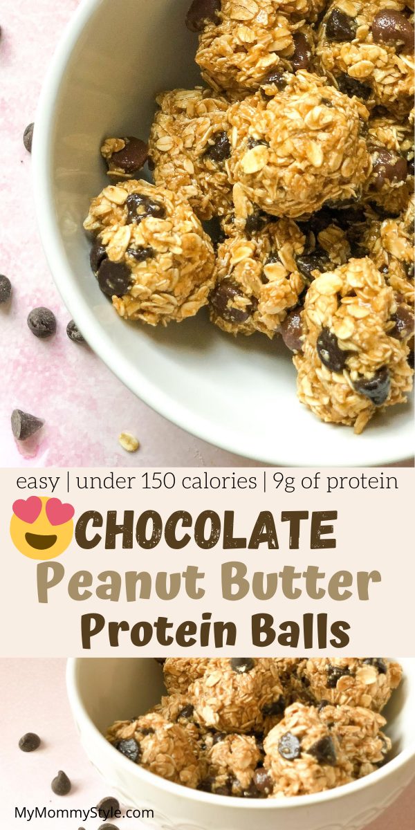 Easy Chocolate Peanut Butter Protein Balls are the perfect healthy and satisfying treat. Under 150 calories and packed with 9g of protein! #chocolatepeanutbutterproteinballs #peanutbutterproteinballs via @mymommystyle