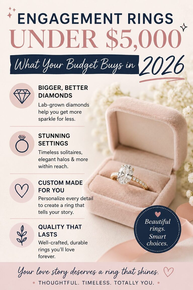 Discover what engagement rings under $5,000 can buy in 2026. Learn about lab-grown diamonds, popular settings, customization options, and how to maximize your budget without sacrificing style or quality.