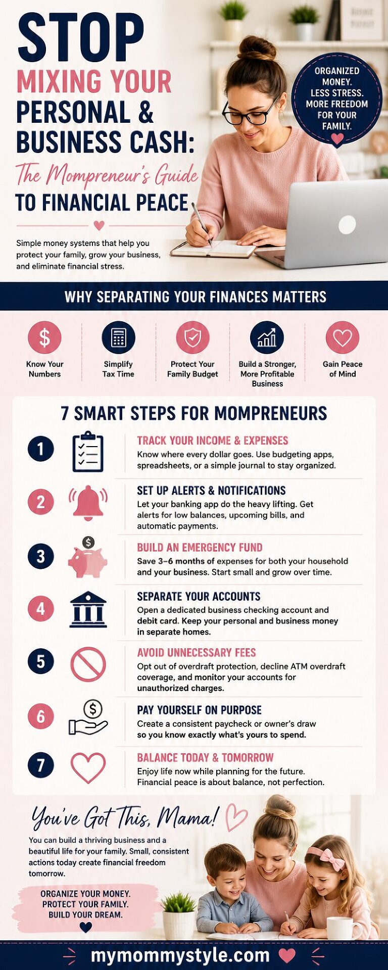 Are you mixing your business and personal finances? Learn simple money management tips for mompreneurs, including how to separate accounts, track expenses, reduce stress, prepare for taxes, and build a profitable business. #Mompreneur #SmallBusinessTips #WorkFromHomeMom #WomenInBusiness #BusinessFinances #EntrepreneurMom #CallMeCEO #MyMommyStyle